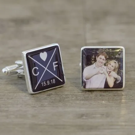 Initials and Date Photo Upload Cufflinks - Silver Finish