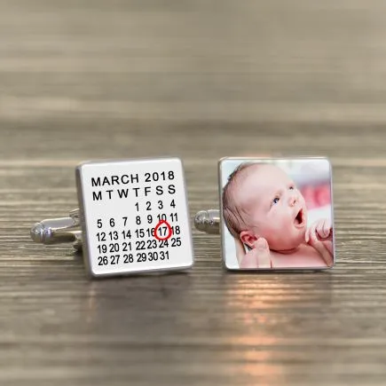 New Baby Calendar Photo Upload Cufflinks - Silver Finish
