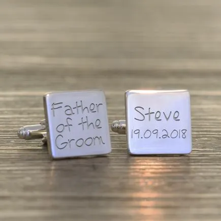 Father of the Groom, Name & Date Cufflinks - Silver Finish