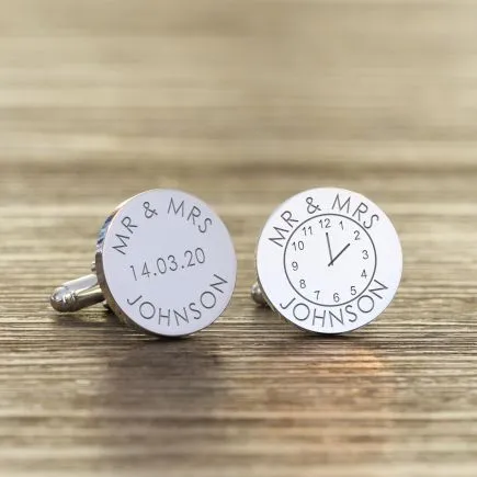 Mr and Mrs Wedding Date and Time Cufflinks - Silver Finish