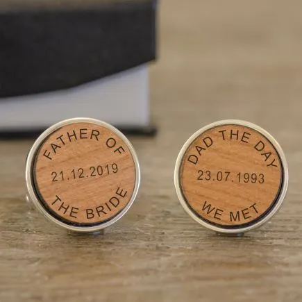 Father of the Bride / Dad, The Day We Met Cufflinks - Cherry Wood