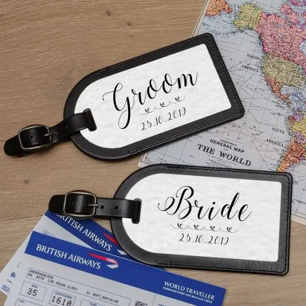 Bride & Groom Pair of Luggage Tags - Faux Leather