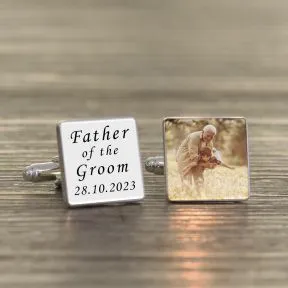 Father of the Groom Photo Upload Cufflinks - Silver Finish