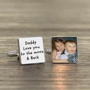 Daddy Love You to the Moon & Back Photo Upload Cufflinks - Silver Finish