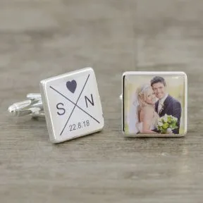 Initials and Date Photo Upload Cufflinks - Silver Finish
