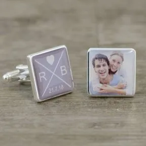 Initials and Date Photo Upload Cufflinks - Silver Finish