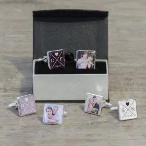 Initials and Date Photo Upload Cufflinks - Silver Finish