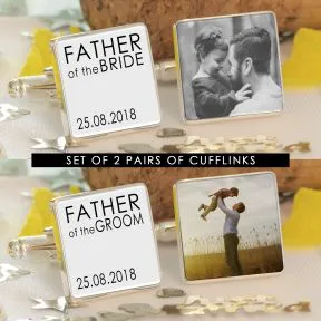 Set of 2 Father of the Bride/Groom Photo Upload Cufflinks - Silver Finish