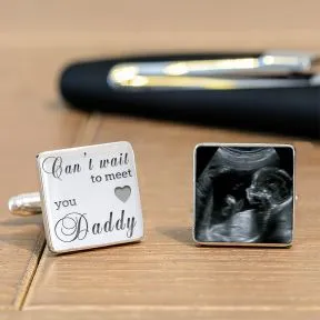 Cant Wait To Meet You Daddy & Baby Scan Cufflinks - Silver Finish