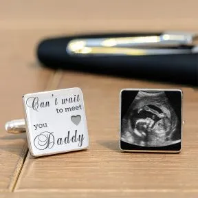 Cant Wait To Meet You Daddy & Baby Scan Cufflinks - Silver Finish