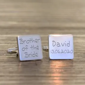 Brother of the Bride, Name & Date Cufflinks - Silver Finish