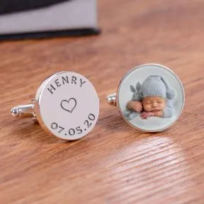 Childs Name & Date Photo Upload Cufflinks - Silver Finish